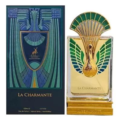 Frasco de perfume La Charmante com embalagem preta decorada
