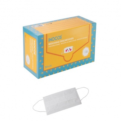 Caixa de máscaras descartáveis INOCOS azul e amarelo com máscara branca