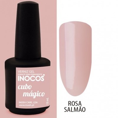 Frasco de verniz gel preto com rótulo rosa e amostra da cor rosa salmão.