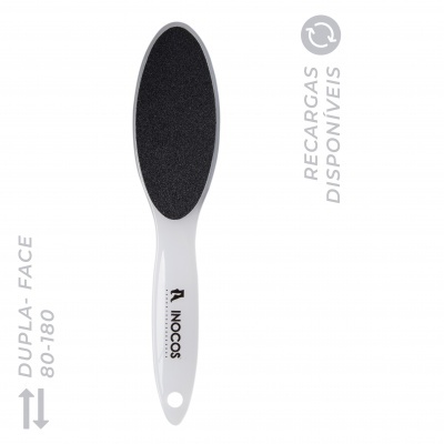 Lixa de pé branca e preta INOCOS com texto 'RECARGAS DISPONÍVEIS'