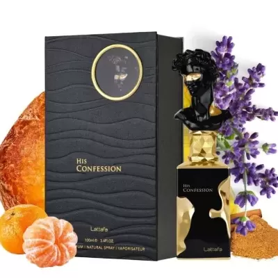 Perfume His Confession com caixa e ingredientes naturais ao redor