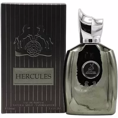 Frasco metálico prateado de perfume Hercules da Alhambra com caixa preta riscada.