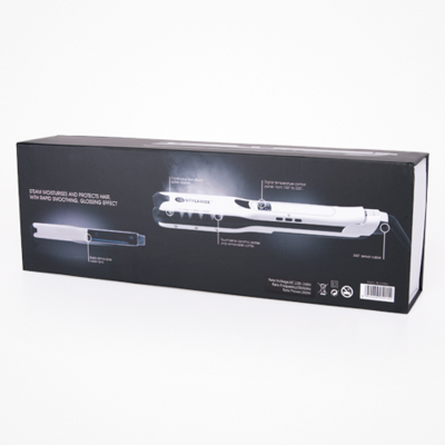 Embalagem preta de ferro com imagem e descrição de modelador de cabelo STYLELANE