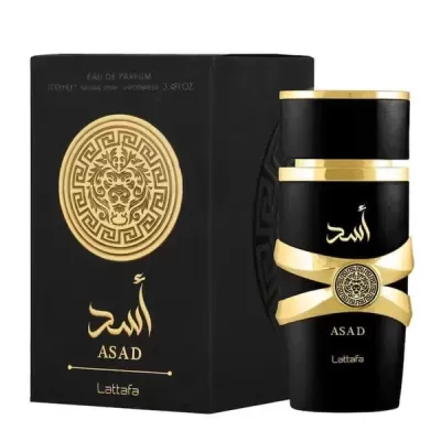 Perfume preto e dourado ASAD Lattafa com caixa