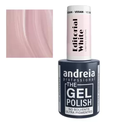Verniz gel Andreia professional em frasco azul e branco com cor rosa pálida