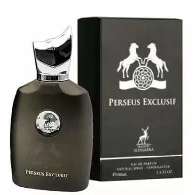 frasco e caixa de perfume preto com texto Perseus Exclusif