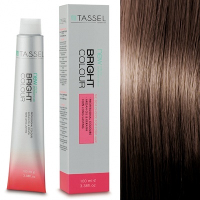 Coloração profissional Tassel Bright Colour em tubo e caixa com amostra de cabelo castanho claro