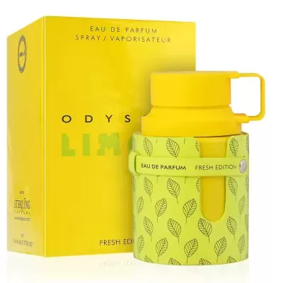 Frasco amarelo de perfume ODYS LIMO com capa verde decorada com folhas pretas e caixa amarela.
