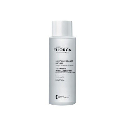 Frasco branco com tampa de rosca da solução micelar antiidade FILORGA