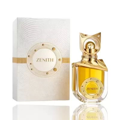 Frasco de perfume de vidro com tampa dourada e embalagem branca com detalhes dourados