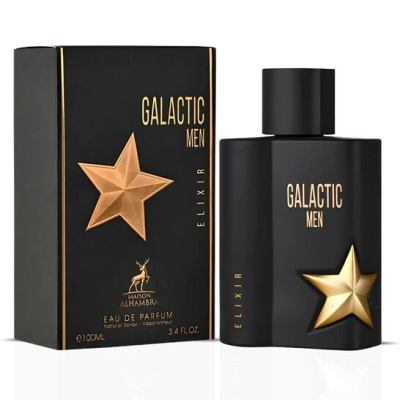 frasco e embalagem de perfume GALACTIC MEN ELIXIR preto com estrela dourada