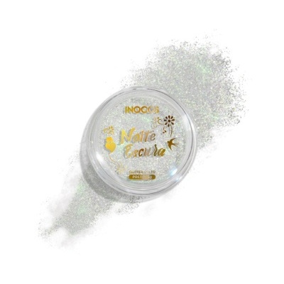 Pó glitter prateado em embalagem redonda transparente com texto dourado