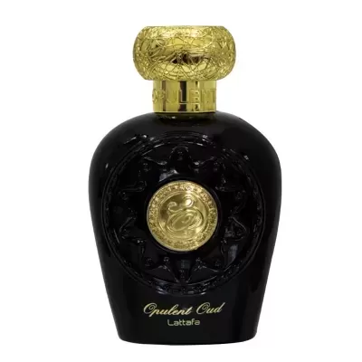 frasco de perfume preto com detalhes dourados e texto Opulent Oud Lattafa