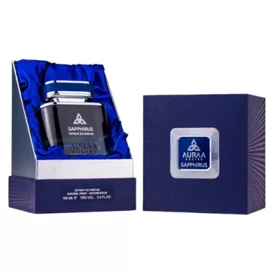 Frasco e caixa de perfume azul escuro Sapphirus extrato de parfum