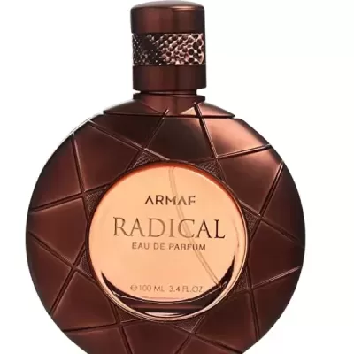 frasco redondo de perfume Armaf Radical castanho com etiqueta circular e tampa texturizada