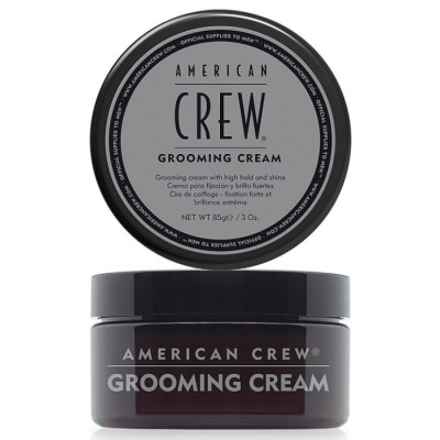 Pomada de cabelo American Crew Grooming Cream em embalagem redonda castanha com tampa preta