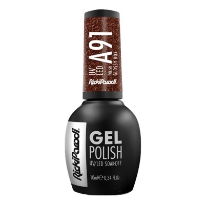 Frasco de verniz gel para unhas Rickiparodi preto com tampa castanha brilhante
