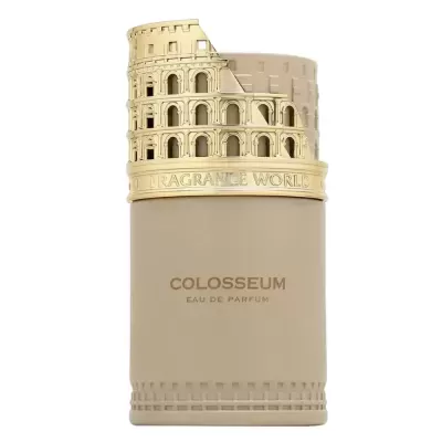 Frasco de perfume bege e dourado com design inspirado no Coliseu