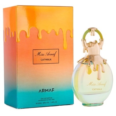 Perfume Miss Armaf Catwalk com frasco redondo transparente e embalagem colorida em degradé laranja e azul