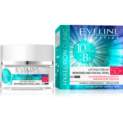 Creme lifting facial Eveline Cosmetics Hyaluron Clinic 50+ com embalagem azul e branca.
