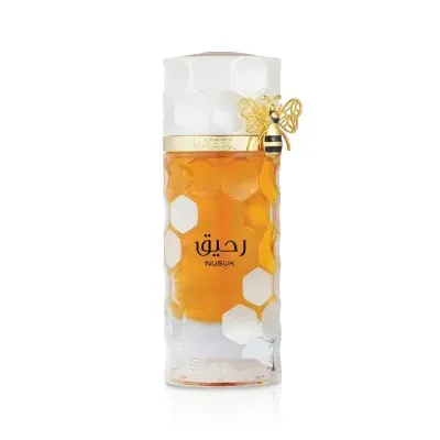 Garrafa de perfume com design de favo de mel e detalhe de abelha dourada
