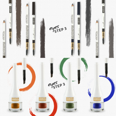 Produtos de maquilhagem para olhos Andreia com lápis e tintas coloridas em fundo branco