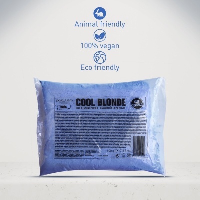 Pacote azul claro de produto em pó COOL BLONDE com texto e código de barras