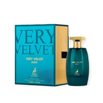 Perfume Very Velvet Aqua da Maison Alhambra em frasco azul e dourado ao lado da caixa
