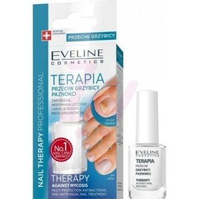 Embalagem e frasco do tratamento para micose das unhas Eveline Cosmetics Terapia.