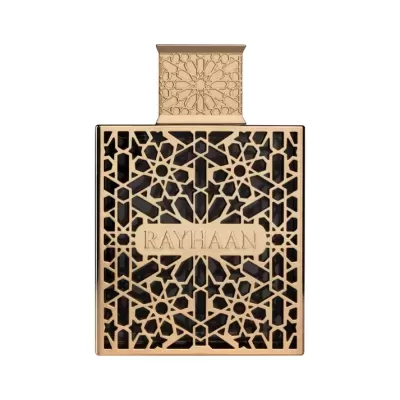 Frasco de perfume preto e dourado com padrão geométrico e texto RAYHAAN