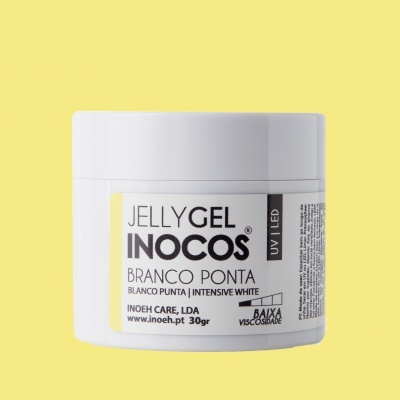 Frasco branco de gel para unhas INOCOS JELLY GEL BRANCO PONTA sobre fundo amarelo.