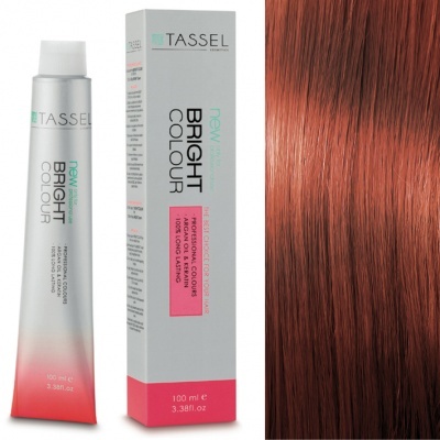 Tubo e caixa de tinta para cabelo TASSEL Tres Bright Colour com cabelo castanho-avermelhado ao lado