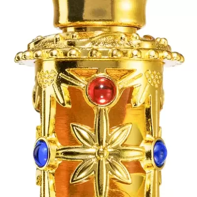 Frasco decorativo dourado com pedras coloridas e texto AMIRA