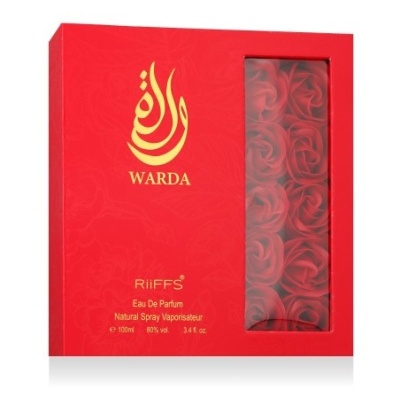 Caixa vermelha de perfume RiFFS com flores artificiais vermelhas visíveis.