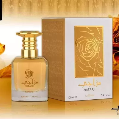 Frasco de perfume MAZAAJI com tampa dourada e caixa com desenho de rosa