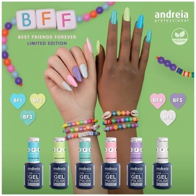 Vernizes gel coloridos Andreia BFF com mãos decoradas e pulseiras coloridas