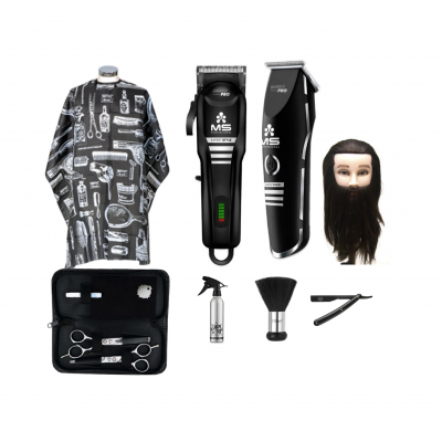 Kit profissional de barbeiro com máquinas, capa, acessórios e cabeça de treino