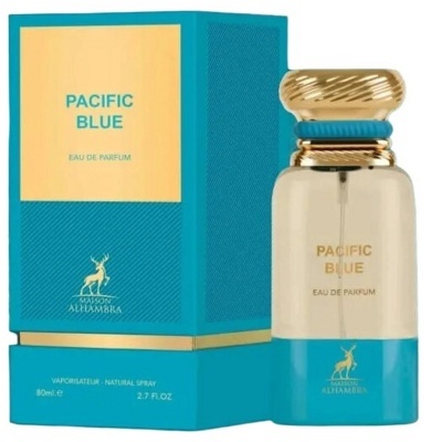 Frasco e caixa de perfume azul turquesa e dourado Pacific Blue Maison Alhambra