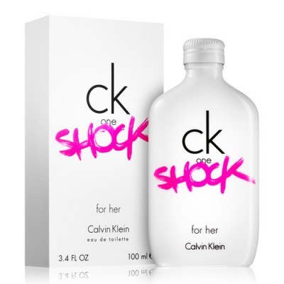 Perfume Calvin Klein 'ck one SHOCK for her' com frasco branco fosco e caixa branca.