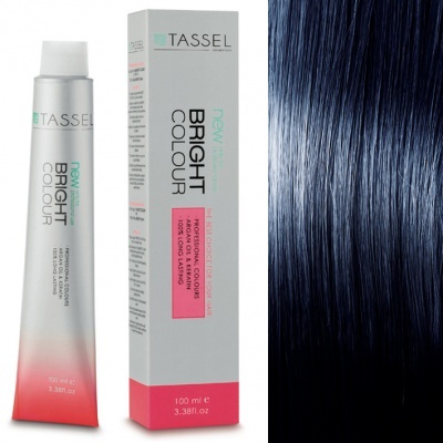 Tubo e embalagem de tinta de cabelo Tassel Bright Colour ao lado de cabelo tingido azul escuro