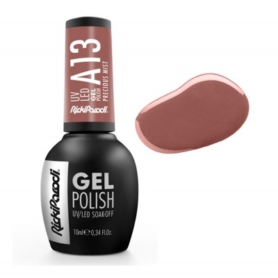 Esmalte em gel Rickiparodi cor A13 Precious Mist com embalagem preta e tampa rosa antigo