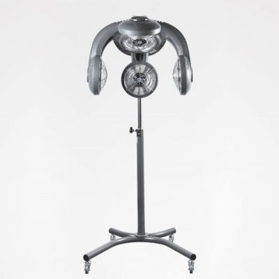 Aparelho profissional de secar cabelo cinzento com suporte móvel com rodas em fundo branco