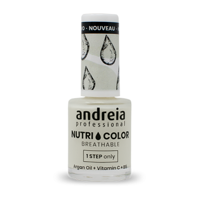 Frasco de verniz de unhas Andreia Nutri Color com tampo branco e preto e gotas desenhadas.