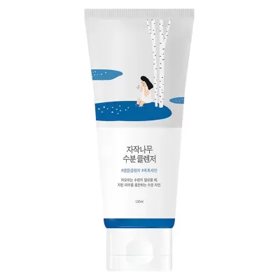 Tubo de produto cosmético branco e azul com ilustração e texto em coreano