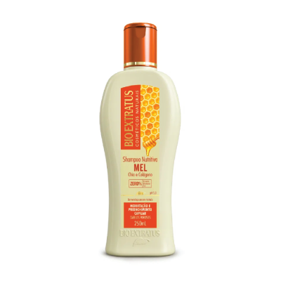 Frasco de shampoo Bio Extratus Mel com tampa laranja e rótulo com mel