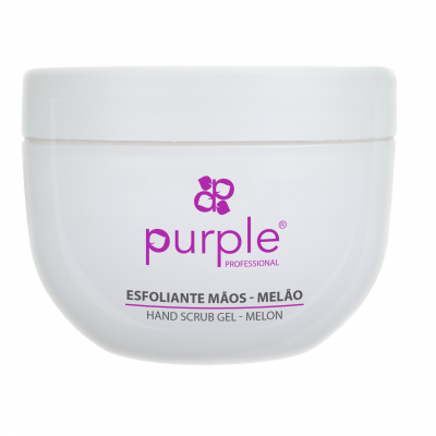 Frasco branco de esfoliante para mãos Purple Professional com texto roxo e preto
