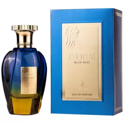 Frasco de perfume VOUX Blue Oud ao lado de caixa azul com painel dourado