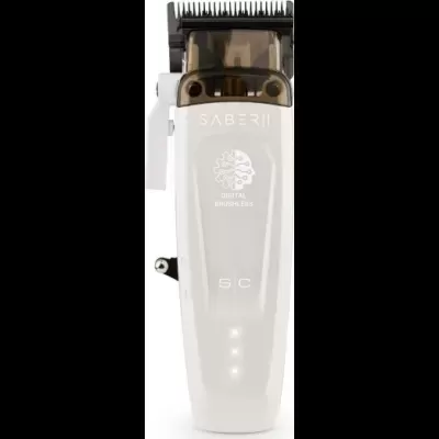 Máquina de cortar cabelo branca com texto SABER II e DIGITAL BRUSHLESS