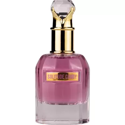 Frasco de perfume com líquido rosa e tampa dourada com detalhe facetado