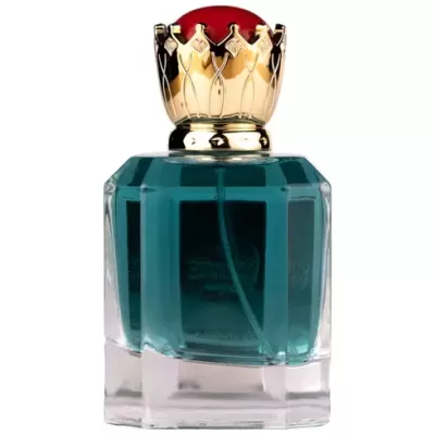 Frasco de perfume vidro azul com tampa dourada e detalhe vermelho